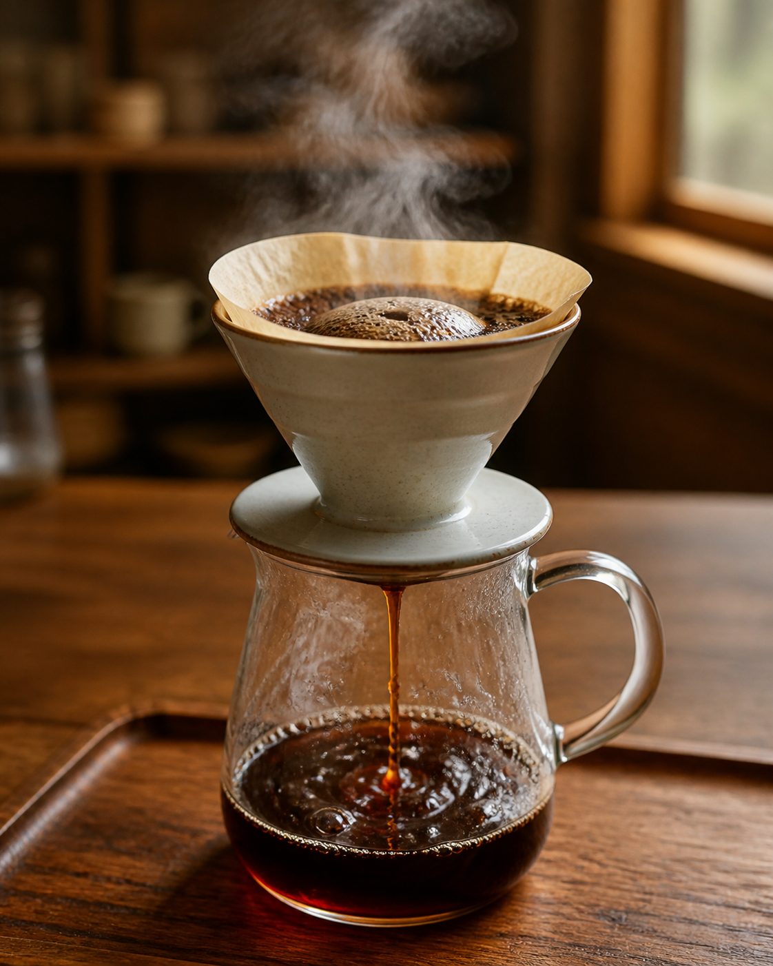 湯気を立てながらハンドドリップでコーヒーを淹れる手元